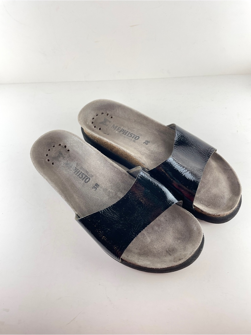Mephisto Patent Leather Slide Sandals Black EU 38 Comfort Cork Footbed